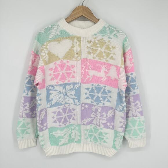 Vintage Sweaters - Vintage 80's 90’s Pastel Winter Sweater Chunky Knit Ugly Christmas Crew Neck